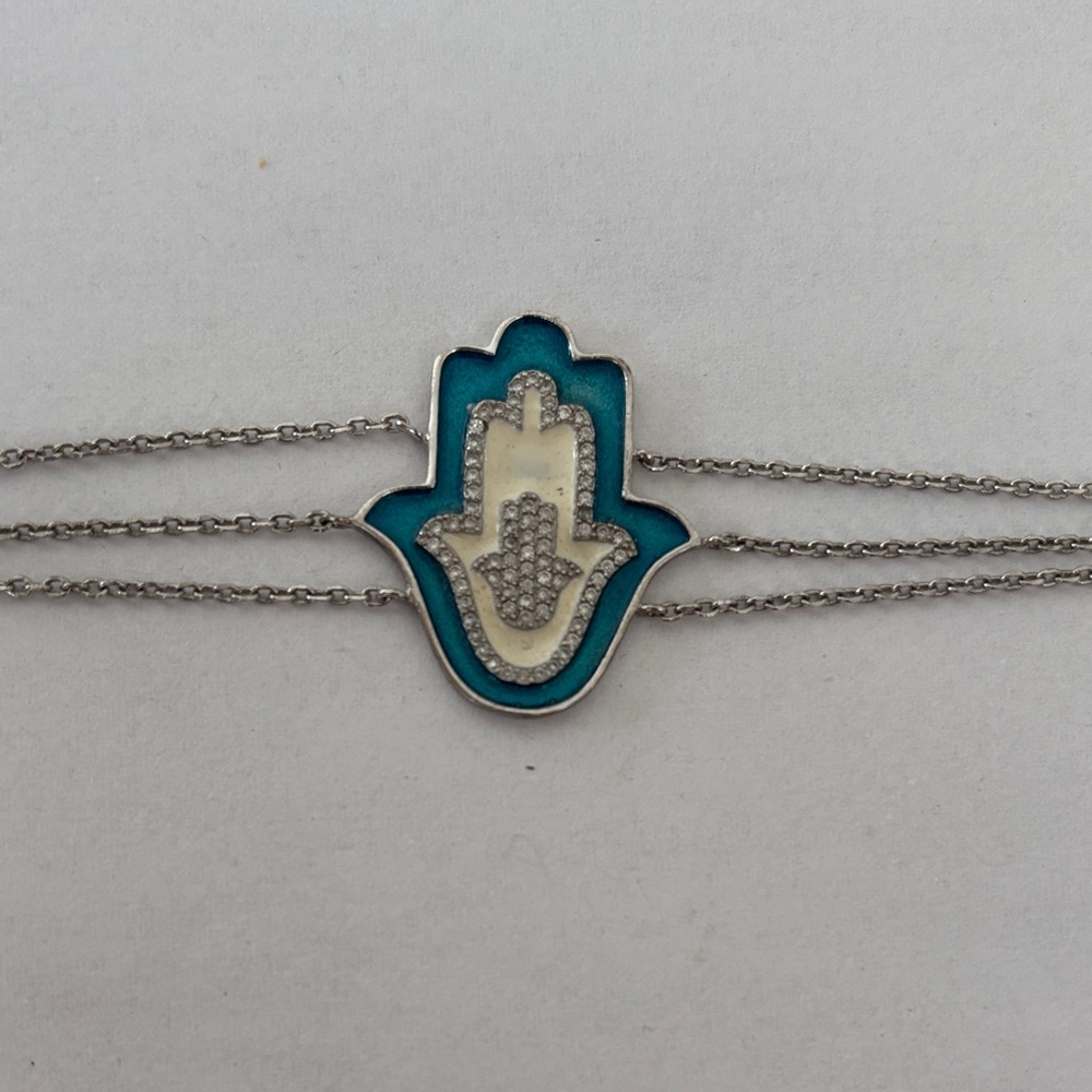 925 Silver crystal Blue Hamsa Charm 3 strand lobster claw bracelet - Picture 12 of 14